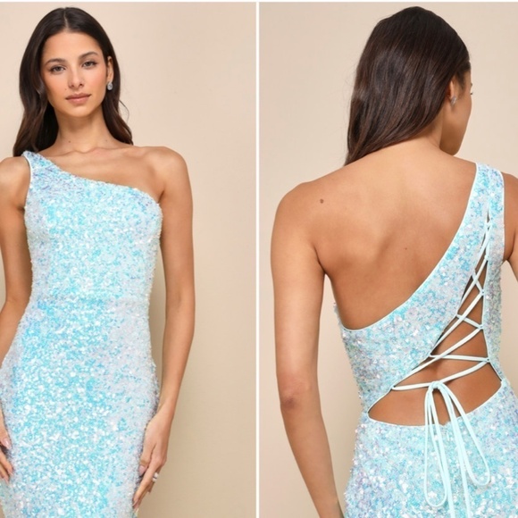 LULU's Prom Wedding Special Event Floral Sequins Lace Up Back Mermaid Gown - Picture 4 of 4